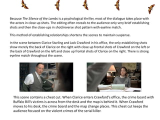 Because The Silence of the Lambs is a psychological thriller, most of the dialogue takes place with
the actors in close up shots. The editing often reveals to the audience only very brief establishing
shots and then the close-ups in shot/reverse shot pattern with eyeline match.

This method of establishing relationships shortens the scenes to maintain suspense.

In the scene between Clarice Starling and Jack Crawford in his office, the only establishing shots
show merely the back of Clarice on the right with close up frontal shots of Crawford on the left or
the back of Crawford on the left and close up frontal shots of Clarice on the right. There is strong
eyeline match throughout the scene.




  This scene contains a cheat cut. When Clarice enters Crawford’s office, the crime board with
  Buffalo Bill’s victims is across from the desk and the map is behind it. When Crawford
  moves to his desk, the crime board and the map change places. This cheat cut keeps the
  audience focused on the violent crimes of the serial killer.
 