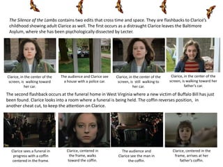 The Silence of the Lambs contains two edits that cross time and space. They are flashbacks to Clarice’s
 childhood showing adult Clarice as well. The first occurs as a distraught Clarice leaves the Baltimore
 Asylum, where she has been psychologically dissected by Lecter.




Clarice, in the center of the   The audience and Clarice see   Clarice, in the center of the    Clarice, in the center of the
 screen, is walking toward        a house with a police car.    screen, is still walking to    screen, is walking toward her
           her car.                                                       her car.                       father’s car.

The second flashback occurs at the funeral home in West Virginia where a new victim of Buffalo Bill has just
been found. Clarice looks into a room where a funeral is being held. The coffin reverses position, in
another cheat cut, to keep the attention on Clarice.




  Clarice sees a funeral in        Clarice, centered in           The audience and               Clarice, centered in the
   progress with a coffin            the frame, walks           Clarice see the man in            frame, arrives at her
   centered in the frame.           toward the coffin.                the coffin.                     father’s coffin.
 