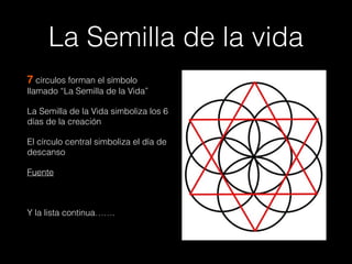 La Semilla de la vida
7 círculos forman el símbolo
llamado “La Semilla de la Vida”
La Semilla de la Vida simboliza los 6
días de la creación
El círculo central simboliza el día de
descanso
Fuente
Y la lista continua…….
 
