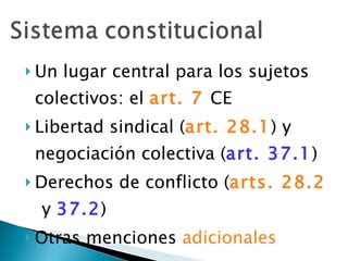 Un lugar central para los sujetos colectivos: el  art. 7   CE Libertad sindical ( art. 28.1 ) y negociación colectiva ( art. 37.1 ) Derechos de conflicto ( arts. 28.2   y  37.2 ) Otras menciones  adicionales 