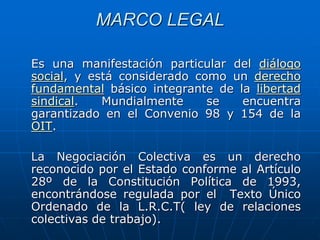 MARCO LEGAL
Es una manifestación particular del diálogo
social, y está considerado como un derecho
fundamental básico integrante de la libertad
sindical. Mundialmente se encuentra
garantizado en el Convenio 98 y 154 de la
OIT.
La Negociación Colectiva es un derecho
reconocido por el Estado conforme al Artículo
28º de la Constitución Política de 1993,
encontrándose regulada por el Texto Único
Ordenado de la L.R.C.T( ley de relaciones
colectivas de trabajo).
 