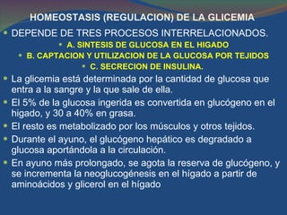 HOMEOSTASIS (REGULACION) DE LA GLICEMIA  DEPENDE DE TRES PROCESOS INTERRELACIONADOS.  A. SINTESIS DE GLUCOSA EN EL HIGADO B. CAPTACION Y UTILIZACION DE LA GLUCOSA POR TEJIDOS C. SECRECION DE INSULINA.  La glicemia está determinada por la cantidad de glucosa que entra a la sangre y la que sale de ella. El 5% de la glucosa ingerida es convertida en glucógeno en el higado, y 30 a 40% en grasa. El resto es metabolizado por los músculos y otros tejidos. Durante el ayuno, el glucógeno hepático es degradado a glucosa aportándola a la circulación.  En ayuno más prolongado, se agota la reserva de glucógeno, y se incrementa la neoglucogénesis en el hígado a partir de aminoácidos y glicerol en el hígado 