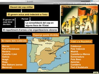 La Guerra Civil Espanyola 1936-1939                                             Armand Figuera




             Davant del cop militar


          El govern actua amb indecisió a l’inici

  El govern de                Permet
  José Giral                          La consolidació del cop en
  decideix
                                      alguns llocs de l’Estat

   El repartiment d’armes a les organitzacions obreres

                                             Espanya queda dividida

 En mans dels sublevats                                               Fidel a la República

 Marroc                                                               Catalunya
 Part d’Andalusia                                                     País Valencià
 Navarra                                                              Madrid
 Castella i Lleó                                                      Castella-La Manxa
 Galícia                                                              Extremadura
 Aragó                                                                País Basc
 Rioja                                                                Astúries
 Illes Balears (sense                                                 Cantàbria
 Menorca)                                                             Part d’Andalusia

                                                                                                 sortir
 