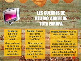 REFORMA I CONTRARREFORMA II
LES GUERRES DE
RELIGIÓ ARREU DE
TOTA EUROPA
Espanya:
Líder del
bàndol
catòlic.
Guerra durant
80 anys als
Països Baixos
front als
calvinistes
França: Guerra
civil entre
hugonots i
catòlics.
Alternança de
períodes de
llibertat religiosa
i repressió
durant tot el s.
XVII
Imperi Alemany: Guerra
dels 30 Anys (1618-
1648):
Un problema
successori esdevé un
conflicte en tota Europa
entre dos modes de
vida: el feudal-catòlic i
el burgés-protestant
 
