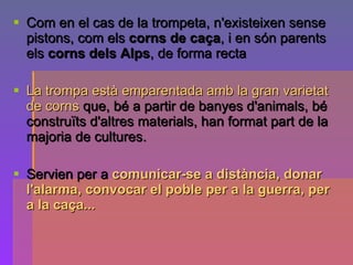 Com en el cas de la trompeta, n'existeixen sense pistons, com els  corns de caça , i en són parents els  corns dels Alps , de forma recta   La trompa està emparentada amb la gran varietat de corns  que, bé a partir de banyes d'animals, bé construïts d'altres materials, han format part de la majoria de cultures.  Servien per a  comunicar-se a distància, donar l'alarma, convocar el poble per a la guerra, per a la caça...   