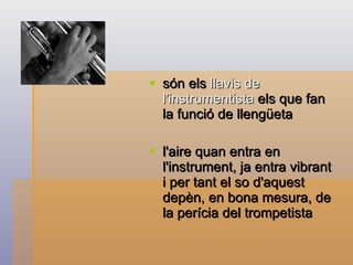 són els  llavis de l'instrumentista  els que fan la funció de llengüeta  l'aire quan entra en l'instrument, ja entra vibrant i per tant el so d'aquest depèn, en bona mesura, de la perícia del trompetista  