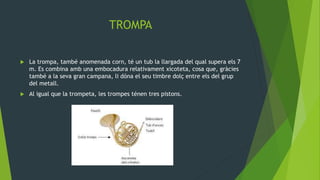 TROMPA
 La trompa, també anomenada corn, té un tub la llargada del qual supera els 7
m. Es combina amb una embocadura relativament xicoteta, cosa que, gràcies
també a la seva gran campana, li dóna el seu timbre dolç entre els del grup
del metall.
 Al igual que la trompeta, les trompes ténen tres pistons.
 