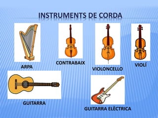 INSTRUMENTS DE CORDA
ARPA
GUITARRA
VIOLÍ
GUITARRA ELÈCTRICA
CONTRABAIX
VIOLONCELLO
 