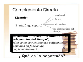 Complemento Directo Ejemplo: El náufrago soportó la soledad la sed el hambre las inclemencias del tiempo “ la soledad” ,  “la sed” , “ el hambre” ,  “las inclemencias del tiempo” ; todas estas estructuras son sintagmas nominales en función de  complemento directo. ¿  Qué es lo soportado? 