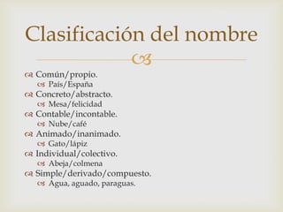 Clasificación del nombre
            
 Común/propio.
    País/España
 Concreto/abstracto.
    Mesa/felicidad
 Contable/incontable.
    Nube/café
 Animado/inanimado.
    Gato/lápiz
 Individual/colectivo.
    Abeja/colmena
 Simple/derivado/compuesto.
    Agua, aguado, paraguas.
 