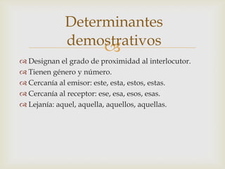 Determinantes
             demostrativos
                  
 Designan el grado de proximidad al interlocutor.
 Tienen género y número.
 Cercanía al emisor: este, esta, estos, estas.
 Cercanía al receptor: ese, esa, esos, esas.
 Lejanía: aquel, aquella, aquellos, aquellas.
 