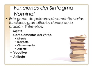 Funciones del Sintagma
Nominal
• Este grupo de palabras desempeña varias
funciones gramaticales dentro de la
oración. Entre ellas:
– Sujeto
– Complementos del verbo
• Directo
• Indirecto
• Circunstancial
• Agente
– Vocativo
– Atributo
 