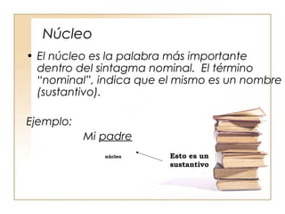 Núcleo
• El núcleo es la palabra más importante
dentro del sintagma nominal. El término
“nominal”, indica que el mismo es un nombre
(sustantivo).
Ejemplo:
Mi padre
núcleo Esto es un
sustantivo
 