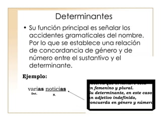 Determinantes Su función principal es señalar los accidentes gramaticales del nombre. Por lo que se establece una relación de concordancia de género y de número entre el sustantivo y el determinante.  Ejemplo: vari as   notici as N. Det. Observa que el nombre está en femenino y plural. Su determinante, en este caso un adjetivo indefinido, concuerda en género y número. 