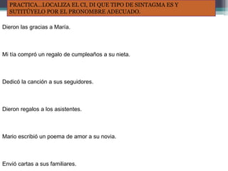 Dieron las gracias a María.
Mi tía compró un regalo de cumpleaños a su nieta.
Dedicó la canción a sus seguidores.
Dieron regalos a los asistentes.
Mario escribió un poema de amor a su novia.
Envió cartas a sus familiares.
PRACTICA…LOCALIZA EL CI, DI QUE TIPO DE SINTAGMA ES Y
SUTITÚYELO POR EL PRONOMBRE ADECUADO.
 