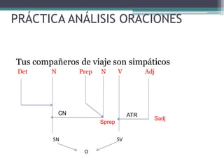 PRÁCTICA ANÁLISIS ORACIONES
Tus compañeros de viaje son simpáticos
Det N Prep N V Adj
Sadj
CN
SN SV
O
Sprep
ATR
 