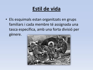 Estil de vidaEls esquimals estan organitzats en grups familiars i cada membre té assignada una tasca específica, amb una forta divisió per gènere.