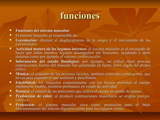 funcionesfunciones
 Funciones del sistema muscularFunciones del sistema muscular
 El sistema muscular es responsable de:El sistema muscular es responsable de:
 Locomoción:Locomoción: efectuar el desplazamiento de laefectuar el desplazamiento de la sangresangre y el movimiento de lasy el movimiento de las
extremidadesextremidades..
 Actividad motora de los órganos internos:Actividad motora de los órganos internos: el sistema muscular es el encargado deel sistema muscular es el encargado de
hacer que todos nuestroshacer que todos nuestros órganosórganos desempeñen sus funciones, ayudando a otrosdesempeñen sus funciones, ayudando a otros
sistemas como por ejemplo alsistemas como por ejemplo al sistema cardiovascularsistema cardiovascular..
 Información del estado fisiológico:Información del estado fisiológico: por ejemplo, un cólico renal provocapor ejemplo, un cólico renal provoca
contracciones fuertes del músculo liso generando un fuertecontracciones fuertes del músculo liso generando un fuerte dolordolor, signo del propio, signo del propio
cólico.cólico.
 Mímica:Mímica: el conjunto de las accionesel conjunto de las acciones facialesfaciales, también conocidas como gestos, que, también conocidas como gestos, que
sirven para expresar lo que sentimos y percibimos.sirven para expresar lo que sentimos y percibimos.
 Estabilidad:Estabilidad: los músculos conjuntamente con los huesos permiten al cuerpolos músculos conjuntamente con los huesos permiten al cuerpo
mantenerse estable, mientras permanece en estado de actividad.mantenerse estable, mientras permanece en estado de actividad.
 Postura:Postura: el control de las posiciones que realiza el cuerpo en estado de reposo.el control de las posiciones que realiza el cuerpo en estado de reposo.
 Producción de calor:Producción de calor: al producir contracciones musculares se originaal producir contracciones musculares se origina energíaenergía
calóricacalórica..
 Protección:Protección: el sistema muscular sirve como protección para el buenel sistema muscular sirve como protección para el buen
funcionamiento del sistema digestivo como para los órganos vitales.funcionamiento del sistema digestivo como para los órganos vitales.
 