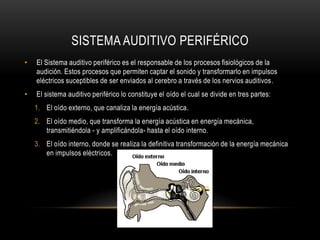 El Timbre: es el resultado de diferentes frecuencias de vibración.El proceso de la audición implica que se conjuguen dos tipos de procesos:Fisiológicos: Se capta el sonido y se envía al cerebro. Los órganos que participan en esta parte del proceso conforman el sistema auditivo periférico. Psicológicos:  Interpretan estos sonidos, los reconocen y los dotan de significado. Los órganos que permiten esta percepción del sonido conforman el llamado sistema auditivo central.AUDICIÓN