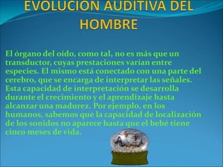 El órgano del oído, como tal, no es más que un
transductor, cuyas prestaciones varían entre
especies. El mismo está conectado con una parte del
cerebro, que se encarga de interpretar las señales.
Esta capacidad de interpretación se desarrolla
durante el crecimiento y el aprendizaje hasta
alcanzar una madurez. Por ejemplo, en los
humanos, sabemos que la capacidad de localización
de los sonidos no aparece hasta que el bebé tiene
cinco meses de vida.
 