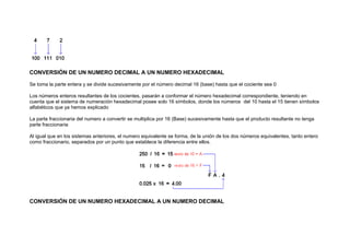 CONVERSIÓN DE UN NUMERO DECIMAL A UN NUMERO HEXADECIMAL
Se toma la parte entera y se divide sucesivamente por el número decimal 16 (base) hasta que el cociente sea 0
Los números enteros resultantes de los cocientes, pasarán a conformar el número hexadecimal correspondiente, teniendo en
cuenta que el sistema de numeración hexadecimal posee solo 16 símbolos, donde los números del 10 hasta el 15 tienen símbolos
alfabéticos que ya hemos explicado
La parte fraccionaria del numero a convertir se multiplica por 16 (Base) sucesivamente hasta que el producto resultante no tenga
parte fraccionaria
Al igual que en los sistemas anteriores, el numero equivalente se forma, de la unión de los dos números equivalentes, tanto entero
como fraccionario, separados por un punto que establece la diferencia entre ellos.
CONVERSIÓN DE UN NUMERO HEXADECIMAL A UN NUMERO DECIMAL
 