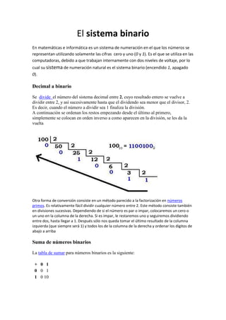 El sistema binario
En matemáticas e informática es un sistema de numeración en el que los números se
representan utilizando solamente las cifras cero y uno (0 y 1). Es el que se utiliza en las
computadoras, debido a que trabajan internamente con dos niveles de voltaje, por lo
cual su sistema de numeración natural es el sistema binario (encendido 1, apagado
0).

Decimal a binario

Se divide el número del sistema decimal entre 2, cuyo resultado entero se vuelve a
dividir entre 2, y así sucesivamente hasta que el dividendo sea menor que el divisor, 2.
Es decir, cuando el número a dividir sea 1 finaliza la división.
A continuación se ordenan los restos empezando desde el último al primero,
simplemente se colocan en orden inverso a como aparecen en la división, se les da la
vuelta




Otra forma de conversión consiste en un método parecido a la factorización en números
primos. Es relativamente fácil dividir cualquier número entre 2. Este método consiste también
en divisiones sucesivas. Dependiendo de si el número es par o impar, colocaremos un cero o
un uno en la columna de la derecha. Si es impar, le restaremos uno y seguiremos dividiendo
entre dos, hasta llegar a 1. Después sólo nos queda tomar el último resultado de la columna
izquierda (que siempre será 1) y todos los de la columna de la derecha y ordenar los dígitos de
abajo a arriba

Suma de números binarios

La tabla de sumar para números binarios es la siguiente:

 + 0 1
 0 0 1
 1 0 10
 