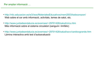 Per ampliar informació … http://ntic.educacion.es/w3//eos/MaterialesEducativos/mem2003/todocorazon/ Web sobre el cor amb informació, activitats, temes de salut, etc. http://www.juntadeandalucia.es/averroes/~29701428/salud/ circu.htm Més informació sobre el sistema circulatori (sanguini i limfàtic) http://www.juntadeandalucia.es/averroes/~29701428/salud/ssvv/cardiovgrande.htm Làmina interactiva amb test d’autoavaluació 