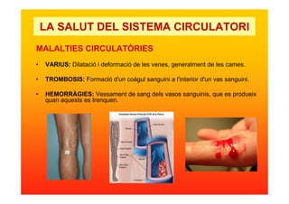 LA SALUT DEL SISTEMA CIRCULATORI
MALALTIES CIRCULATÒRIES
• VARIUS: Dilatació i deformació de les venes, generalment de les cames.
• TROMBOSIS: Formació d'un coàgul sanguini a l'interior d'un vas sanguini.
• HEMORRÀGIES: Vessament de sang dels vasos sanguinis, que es produeix
quan aquests es trenquen.
 