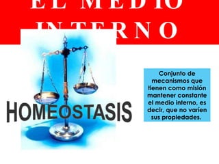 EL MEDIO INTERNO Conjunto de mecanismos que tienen como misión mantener constante el medio interno, es decir, que no varíen sus propiedades.  