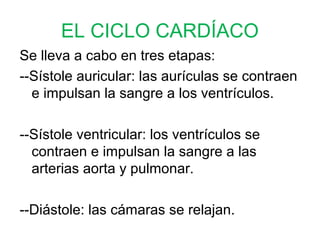 EL CICLO CARDÍACO
Se lleva a cabo en tres etapas:
--Sístole auricular: las aurículas se contraen
e impulsan la sangre a los ventrículos.
--Sístole ventricular: los ventrículos se
contraen e impulsan la sangre a las
arterias aorta y pulmonar.
--Diástole: las cámaras se relajan.
 