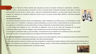 Según esa ley, el Tribunal de Primera Instancia está compuesto por jueces que ejercen funciones de sustanciación, conciliación y
ejecución, o juicio, y se rotan para ejercer una función o la otra. Los primeros tienen la atribución de tramitar el caso, lograr un acuerdo
entre las partes con el fin de que no vayan a juicio, y velar por el cumplimiento del acuerdo, y en caso de que el asunto vaya a juicio,
ocuparse de la ejecución de la sentencia dictada por el juez de juicio. Los jueces de juicio deben resolver la controversia planteada
conforme al derecho.
Los tribunales de familia
son llamados tribunales de protección del niño y del adolescente, y están constituidos por una Sala de juicio y una Corte Superior. La Sala
de juicio cuenta con un Presidente, un Secretario y jueces profesionales que conocen directa y unipersonalmente de los asuntos que les
son asignados por el Presidente en asuntos relacionados con niños y adolescentes de índole familiar, laboral, patrimonial, civil.
La Corte Superior está integrada por una o más Salas de Apelaciones, cada una de las cuales está compuesta por tres jueces
profesionales, quienes actúan de forma colegiada, y tiene competencia para revisar las decisiones de las Salas de Juicio.
Los procesos son parcialmente orales, ya que las pruebas y conclusiones del caso se presentan en las audiencias de juicio, pero el resto
del proceso es escrito. La Ley que los regula es la Ley Orgánica de Protección del Niño y Adolescente.
Los tribunales Especiales Existen otros tribunales que se ocupan de una materia específica y tienen una organización particular, generalmente distinta a
los civiles o por lo menos con características especiales. Entre estos tribunales destacan:
Los tribunales superiores contencioso tributario que tienen competencia en materia fiscal en primera instancia en todo el territorio, pero funcionan sólo en
Caracas. Sus decisiones son revisadas por la Sala Especial Tributaria, adscrita a la Sala Político Administrativa del Tribunal Supremo de Justicia. Su
organización es igual a la de los tribunales civiles y el proceso es escrito.
 