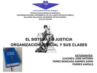 EL SISTEMA DE JUSTICIA
ORGANIZACIÓN JUDICIAL Y SUS CLASES
REPUBLICA BOLIVARIANA DE VENEZUELA
UNIVERSIDAD NACIONAL EXPERIMENTAL DE LOS LLANOS CENTRALES-ROMULO
GALLEGOS, SAN JUAN DE LOS MORROS, ESTADO GUARICO.
NUCLEO TACHIRA
ESTUDIANTES:
CACERES JOSE ANTONIO
PEREZ MONCADA ANDREA SARAI
TORRES HAROLD
 