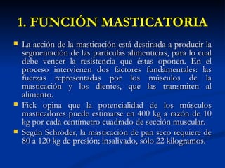 1. FUNCIÓN MASTICATORIA
   La acción de la masticación está destinada a producir la
    segmentación de las partículas alimenticias, para lo cual
    debe vencer la resistencia que éstas oponen. En el
    proceso intervienen dos factores fundamentales: las
    fuerzas representadas por los músculos de la
    masticación y los dientes, que las transmiten al
    alimento.
   Fick opina que la potencialidad de los músculos
    masticadores puede estimarse en 400 kg a razón de 10
    kg por cada centímetro cuadrado de sección muscular.
   Según Schröder, la masticación de pan seco requiere de
    80 a 120 kg de presión; insalivado, sólo 22 kilogramos.
 