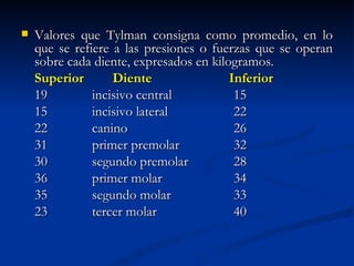    Valores que Tylman consigna como promedio, en lo
    que se refiere a las presiones o fuerzas que se operan
    sobre cada diente, expresados en kilogramos.
    Superior       Diente                Inferior
    19         incisivo central           15
    15         incisivo lateral           22
    22         canino                     26
    31         primer premolar            32
    30         segundo premolar           28
    36         primer molar               34
    35         segundo molar              33
    23         tercer molar               40
 