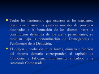    Todos los fenómenos que ocurren en los maxilares,
    desde que aparece la primera muestra de procesos
    destinados a la formación de los dientes, hasta la
    constitución definitiva de los arcos permanentes, se
    estudian bajo la denominación de Dentogénesis y
    Fenómenos de la Dentición.
   El origen y evolución de la forma, número y función
    del sistema dentario corresponden al capítulo de
    Ontogenia y Filogenia, íntimamente vinculado a la
    Anatomía Comparada.
 