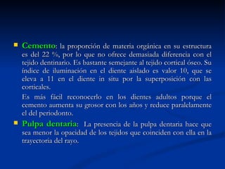   Cemento: la proporción de materia orgánica en su estructura
  es del 22 %, por lo que no ofrece demasiada diferencia con el
  tejido dentinario. Es bastante semejante al tejido cortical óseo. Su
  índice de iluminación en el diente aislado es valor 10, que se
  eleva a 11 en el diente in situ por la superposición con las
  corticales.
  Es más fácil reconocerlo en los dientes adultos porque el
  cemento aumenta su grosor con los años y reduce paralelamente
  el del periodonto.
 Pulpa dentaria: La presencia de la pulpa dentaria hace que
  sea menor la opacidad de los tejidos que coinciden con ella en la
  trayectoria del rayo.
 