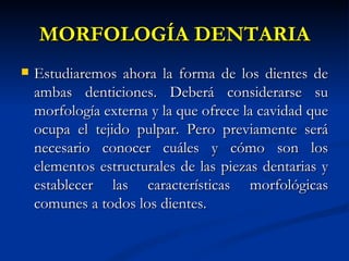 MORFOLOGÍA DENTARIA
   Estudiaremos ahora la forma de los dientes de
    ambas denticiones. Deberá considerarse su
    morfología externa y la que ofrece la cavidad que
    ocupa el tejido pulpar. Pero previamente será
    necesario conocer cuáles y cómo son los
    elementos estructurales de las piezas dentarias y
    establecer las características morfológicas
    comunes a todos los dientes.
 
