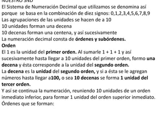 NUESTRO SND
El Sistema de Numeración Decimal que utilizamos se denomina así
porque se basa en la combinación de diez signos: 0,1,2,3,4,5,6,7,8,9
Las agrupaciones de las unidades se hacen de a 10
10 unidades forman una decena
10 decenas forman una centena, y así sucesivamente
La numeración decimal consta de órdenes y subórdenes.
Orden
El 1 es la unidad del primer orden. Al sumarle 1 + 1 + 1 y así
sucesivamente hasta llegar a 10 unidades del primer orden, formo una
decena y ésta corresponde a la unidad del segundo orden.
La decena es la unidad del segundo orden, y si a ésta se le agregan
números hasta llegar a100, o sea 10 decenas se forma 1 unidad del
tercer orden.
Y así se continua la numeración, reuniendo 10 unidades de un orden
inmediato inferior, para formar 1 unidad del orden superior inmediato.
Órdenes que se forman:
 