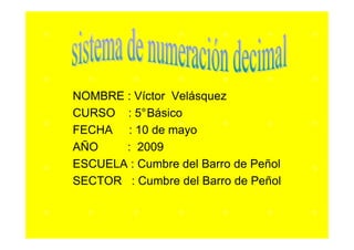 NOMBRE : Víctor Velásquez
CURSO : 5°Básico
FECHA : 10 de mayo
AÑO    : 2009
ESCUELA : Cumbre del Barro de Peñol
SECTOR : Cumbre del Barro de Peñol
 