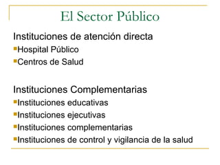 Instituciones de atención directa
Hospital Público
Centros de Salud
Instituciones Complementarias
Instituciones educativas
Instituciones ejecutivas
Instituciones complementarias
Instituciones de control y vigilancia de la salud
El Sector Público
 