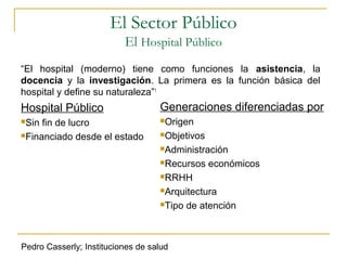 El Sector Público
El Hospital Público
Generaciones diferenciadas por
Origen
Objetivos
Administración
Recursos económicos
RRHH
Arquitectura
Tipo de atención
“El hospital (moderno) tiene como funciones la asistencia, la
docencia y la investigación. La primera es la función básica del
hospital y define su naturaleza”1
Hospital Público
Sin fin de lucro
Financiado desde el estado
Pedro Casserly; Instituciones de salud
 
