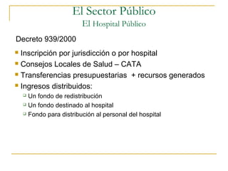  Inscripción por jurisdicción o por hospital
 Consejos Locales de Salud – CATA
 Transferencias presupuestarias + recursos generados
 Ingresos distribuidos:
 Un fondo de redistribución
 Un fondo destinado al hospital
 Fondo para distribución al personal del hospital
Decreto 939/2000
El Sector Público
El Hospital Público
 