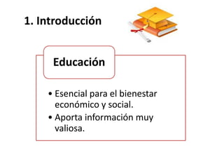 1. Introducción
• Esencial para el bienestar
económico y social.
• Aporta información muy
valiosa.
Educación
 