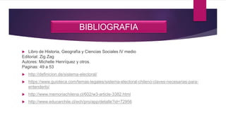 BIBLIOGRAFIA
 Libro de Historia, Geografía y Ciencias Sociales lV medio
Editorial: Zig Zag
Autores: Michelle Henríquez y otros.
Paginas: 49 a 53
 http://definicion.de/sistema-electoral/
 https://www.guioteca.com/temas-legales/sistema-electoral-chileno-claves-necesarias-para-
entenderlo/
 http://www.memoriachilena.cl/602/w3-article-3382.html
 http://www.educarchile.cl/ech/pro/app/detalle?id=72956
 