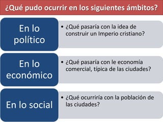 ¿Qué pudo ocurrir en los siguientes ámbitos?

   En lo       • ¿Qué pasaría con la idea de
                 construir un Imperio cristiano?
  político

   En lo       • ¿Qué pasaría con le economía
                 comercial, típica de las ciudades?
económico

               • ¿Qué ocurriría con la población de
En lo social     las ciudades?
 