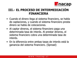 III.- EL PROCESO DE INTERMEDIACIÓN FINANCIERA Cuando el dinero llega al sistema financiero, se habla de captaciones, y cuando el sistema financiero presta dinero se habla de colocaciones. Al captar dineros, el sistema financiero paga una determinada tasa de interés. Al prestar dineros, el sistema financiero cobra una determinada tasa de interés.  En la diferencia entre ambas tasas de interés está la ganancia del sistema financiero. (Spread) 