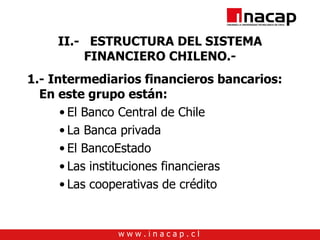 II.- ESTRUCTURA DEL SISTEMA FINANCIERO CHILENO.- 1.- Intermediarios financieros bancarios: En este grupo están: El Banco Central de Chile La Banca privada El BancoEstado Las instituciones financieras Las cooperativas de crédito 