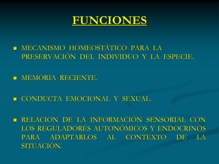 FUNCIONES

   MECANISMO HOMEOSTÁTICO PARA LA
    PRESERVACIÓN DEL INDIVIDUO Y LA ESPECIE.

   MEMORIA RECIENTE.

   CONDUCTA EMOCIONAL Y SEXUAL.

   RELACION DE LA INFORMACIÓN SENSORIAL CON
    LOS REGULADORES AUTONÓMICOS Y ENDOCRINOS
    PARA ADAPTARLOS AL CONTEXTO DE LA
    SITUACIÓN.
 