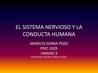 EL SISTEMA NERVIOSO Y LA
CONDUCTA HUMANA
MARELYS SIERRA POZO
PSYC.1025
UNIDAD 3
PROFESORA: HECMIR TORRES CUEVAS.
 