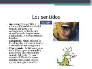 Los sentidos
• Ageusia: Es la pérdida o
disminución considerable del
sentido del gusto y es
consecuencia de trastornos
ocurridos en la lengua, como
quemaduras, o ciertas parálisis
faciales.
• Disgeusia: Altera el sabor de
los alimentos que consumimos,
a veces de forma repugnante.
• Hipogeusia: La Hipogeusia es
denominada por este nombre
por ser una enfermedad del
sentido del gusto. Es una
capacidad disminuida para
saborear sustancias dulces,
agrias, amargas o saladas.
GUSTO
 